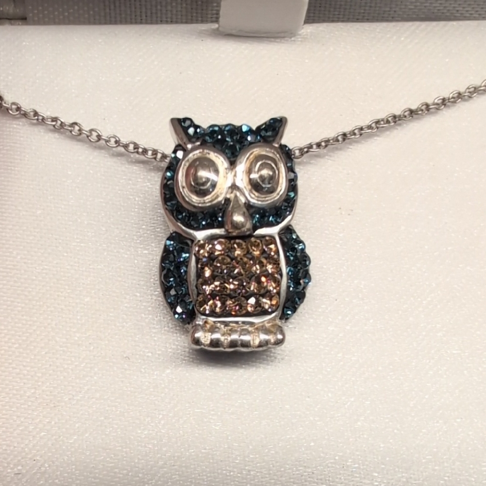 Silverplated Crystal Owl Pendant Necklace NWT